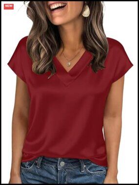Plus Size Silk Satin Blouse V Neck Short Sleeve Dressy Summer Work Top